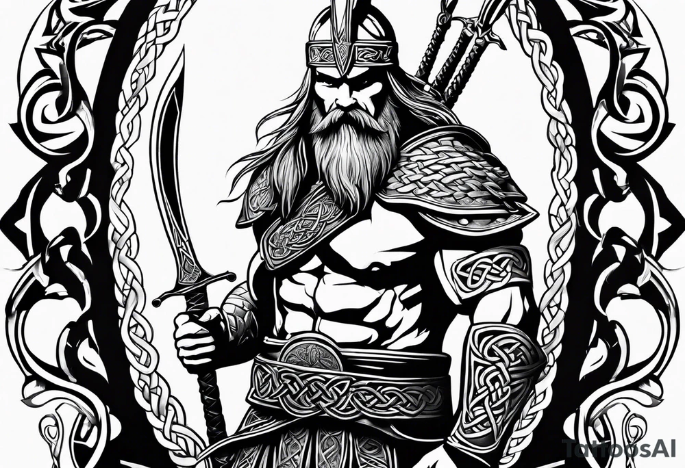 full shot of a Celtic warrior with weapons unsheathed tattoo idea