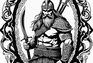 full shot of a Celtic warrior with weapons unsheathed tattoo idea