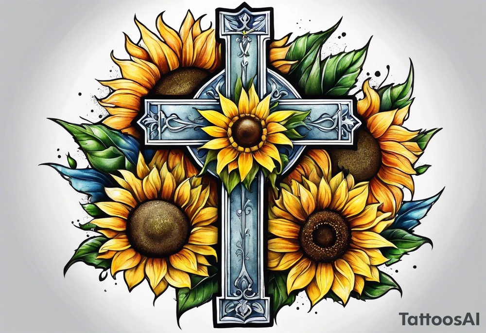 Winged cross with sunflower tattoo idea