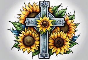 Winged cross with sunflower tattoo idea