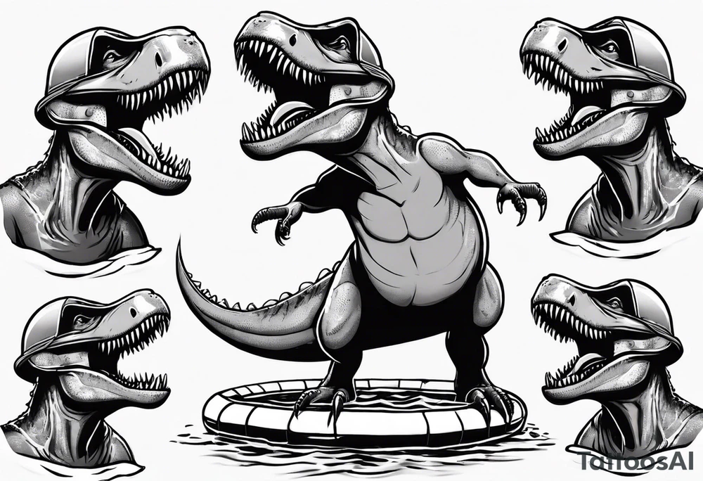 silly happy t rex in a pool wearing water polo cap tattoo idea