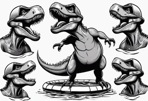 silly happy t rex in a pool wearing water polo cap tattoo idea