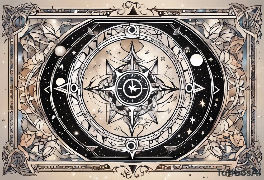 Matter, energy, space and time with an old stone theta symbol with stars in the background and Scorpio constellation tattoo idea