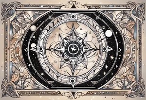 Matter, energy, space and time with an old stone theta symbol with stars in the background and Scorpio constellation tattoo idea