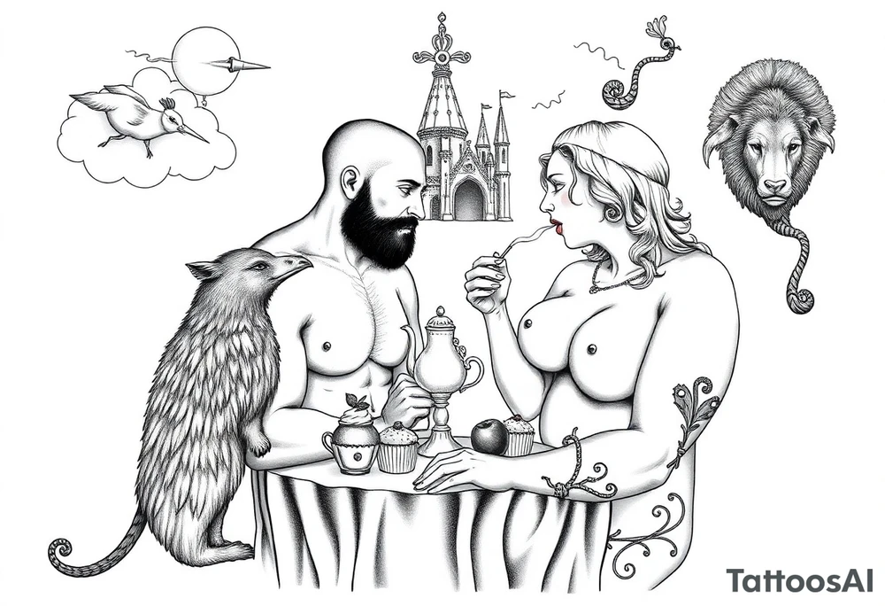 Mystical Naked Man and woman having sex eating cupcakes and  fruit  having sex clouds gothic sexy naked fat lady having a tea party with tea pot with fancy castle  
with a pigs, peacock, noose, lion, goat, smoking cigerettes looking in the mirror thru storm clouds with razor blades and broken hearts and darkness and wrath, envy , gluttony, greed, sloth, pride kill tattoo idea