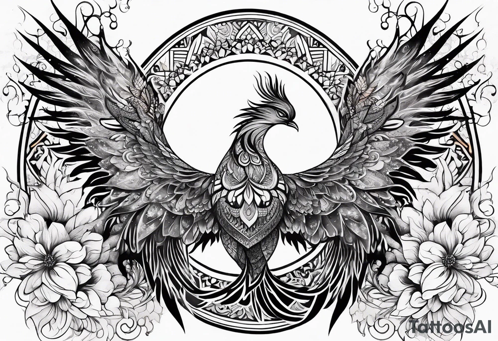 Tribal bohemian feminine impowering Phoenix rising with smoke, mandala sun, floral, lace background tattoo idea