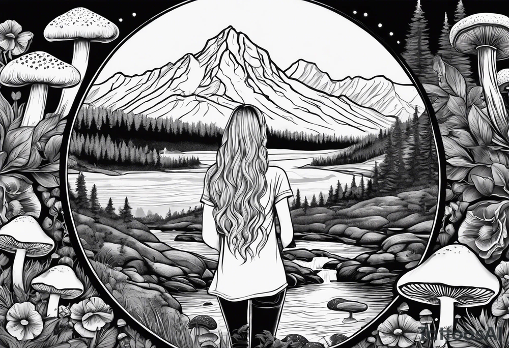 Whole picture encircled fully

Straight long blonde hair hippie girl in distance holding mushrooms in hand facing away toward mountains and creek surrounded by mushrooms long sleeve shirt and hiking pants; whole rendering within a full circle, no cut off circle tattoo idea