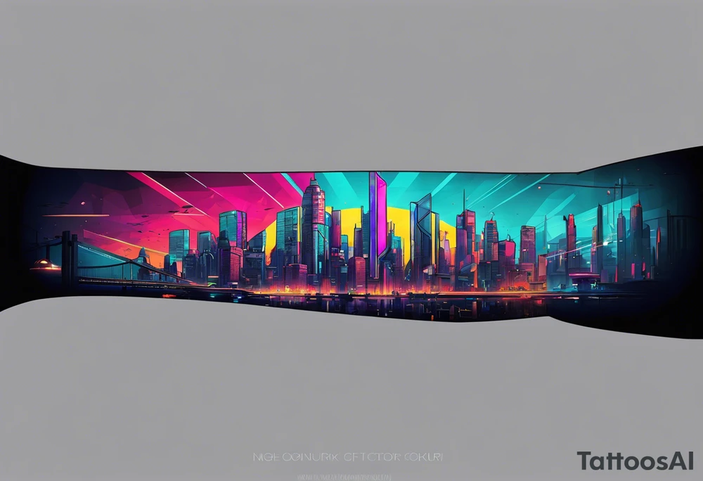 cyberpunk 2077, forearm tattoo, geometric, subtle, men, city skyline, bright colour, tattoo idea