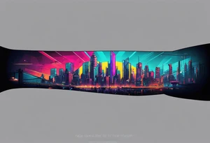 cyberpunk 2077, forearm tattoo, geometric, subtle, men, city skyline, bright colour, tattoo idea