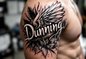 Dunning, Details include on left arm, name in white color,angel wing, wet jungle leaves,cool font, galaxy background filling, tattoo idea