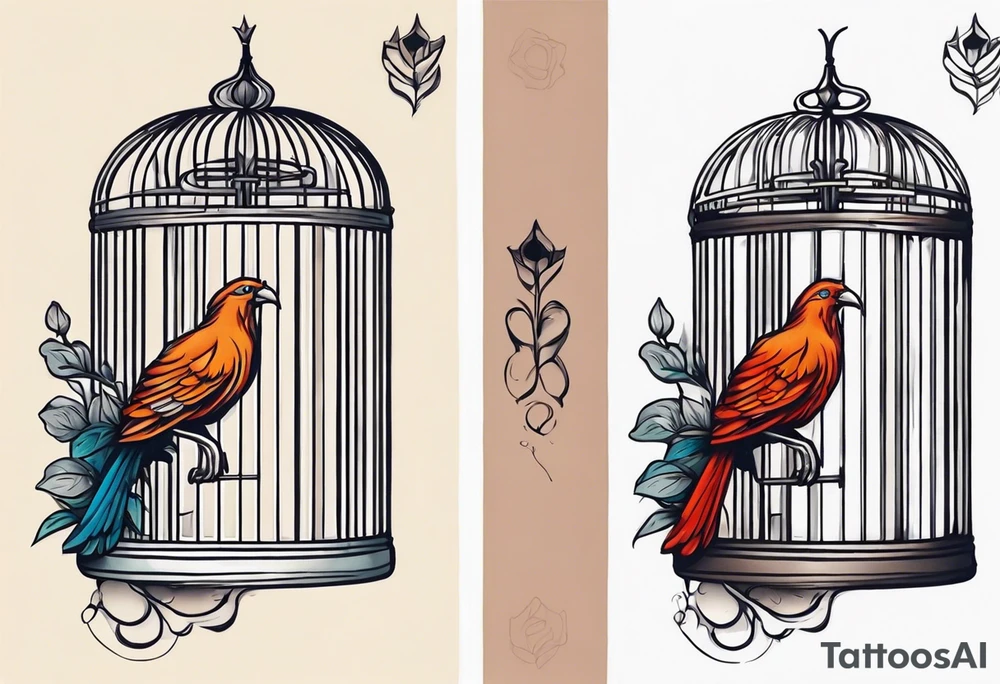 neo traditional decoration only on the left side, on the top of a long bird cage with a too big bird in it. tattoo idea