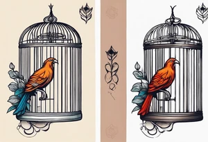 neo traditional decoration only on the left side, on the top of a long bird cage with a too big bird in it. tattoo idea