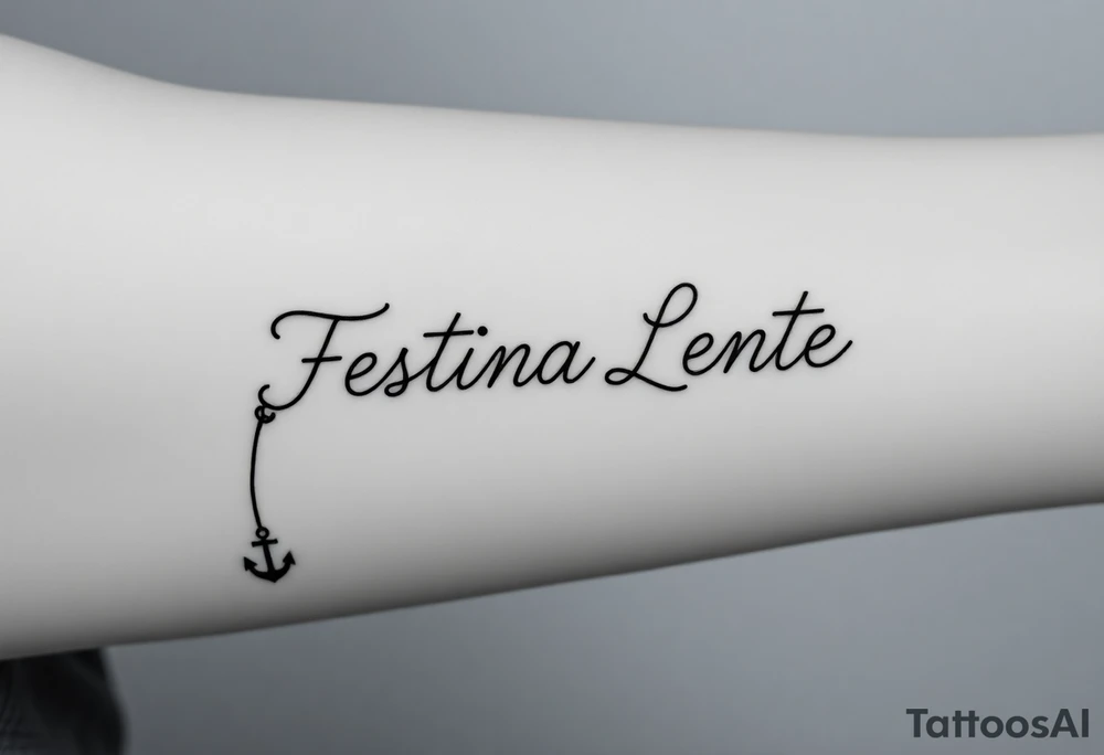 A small, minimal conceptual tattoo for the inner arm.
The phrase “Festina Lente” is not written traditionally; instead, the entire text is formed subtly from a single thin rope.
At the lower end of the rope, a small anchor is attached and appears embedded into the skin, symbolizing patience and stability.
At the opposite end, the rope is being pulled by a very small, minimal, symbolic devil silhouette representing haste.
The rope naturally twists and curves to form the letters of “Festina Lente”, so that at first glance it looks like an abstract rope composition, but upon closer inspection the text becomes readable.
Highly refined, modern calligraphic flow created by the rope itself, elegant and understated.
Black ink only, ultra-fine line work, minimal shading, strong use of negative space, contemporary 2026 tattoo style.
No traditional tattoo elements, no bold outlines, no old-school style, no decorative ornaments.
Clean, intelligent, subtle storytelling tattoo suitable for a small inner-arm placement. tattoo idea