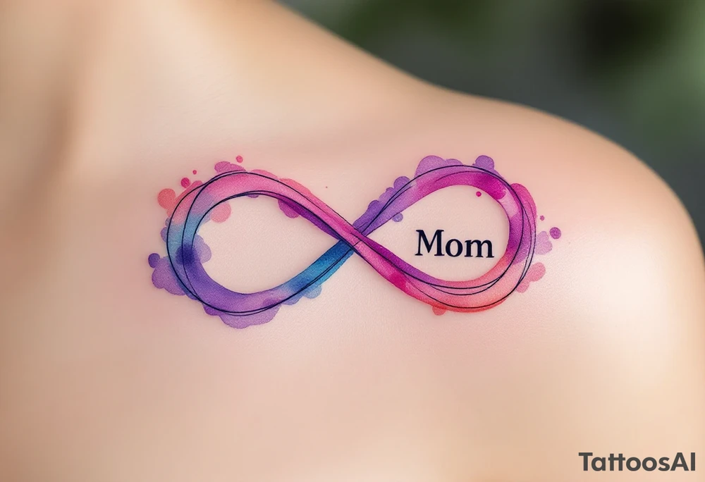 A watercolor infinity symbol in soft pinks and purples entwined with the word “Mom” reflects unending maternal devotion. tattoo idea