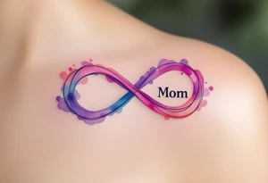 A watercolor infinity symbol in soft pinks and purples entwined with the word “Mom” reflects unending maternal devotion. tattoo idea