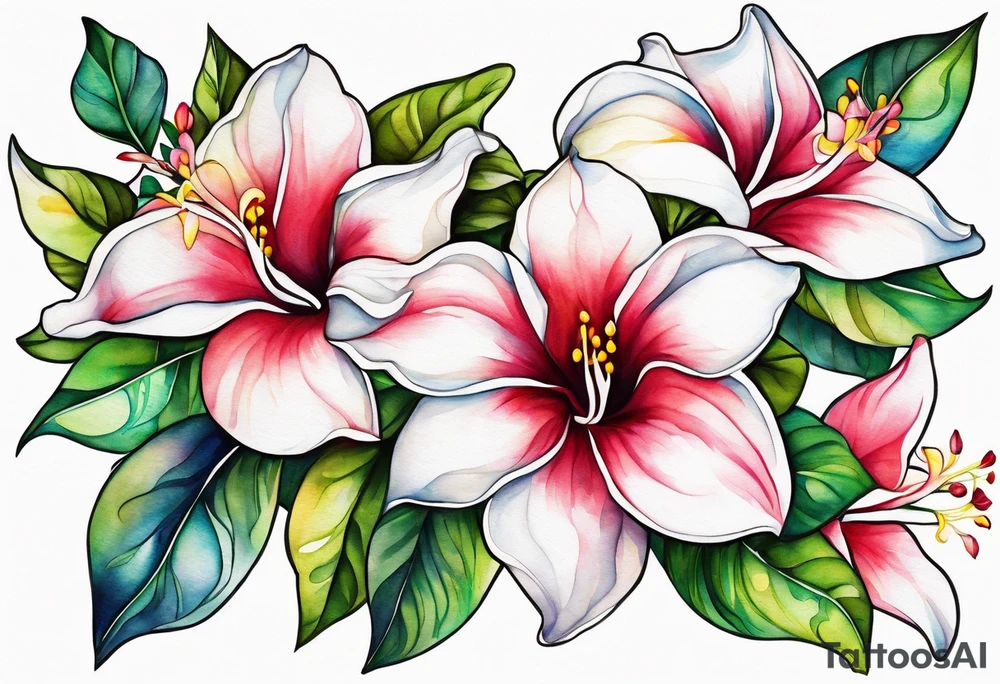 white background, abstract mandevilla flowers on a vine, part of it watercolor, part of it just line work tattoo idea