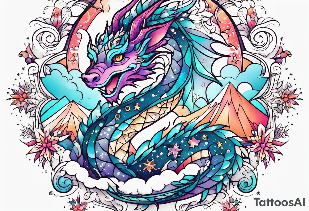 Constellation, kawaii dragon, snowflake tattoo idea