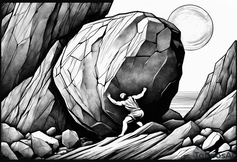 sisyphus pushing a boulder up a hill tattoo idea