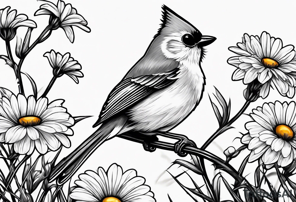 tufted titmouse perched in grass with a daisy tattoo idea tufted titmouse perched in grass with a daisy tattoo idea