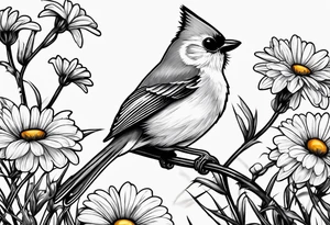 tufted titmouse perched in grass with a daisy tattoo idea