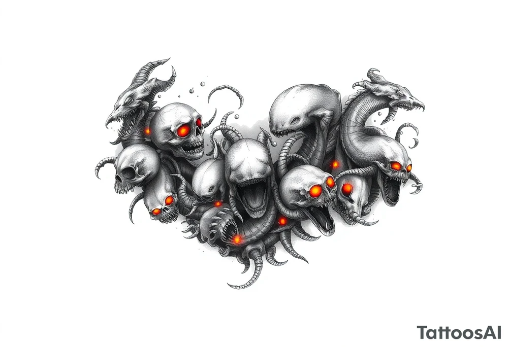 This sleeve design creates a continuous deep-sea horror scene wrapping around the lower arm (forearm). It features an array of undead ocean creatures in a chaotic underwater environment. The composition balances eerie horror-fantasy vibes (inspired by the first reference image) with flowing, vibrant ink patterns (inspired by the second reference image). The overall mood is dark and haunting, with glowing highlights in orange, red, and yellow illuminating the creatures’ eyes and other features against a murky background. The design is meant to be visually cohesive as it wraps around the arm, avoiding any symmetry – each creature faces different directions and varies in size, creating an organic, unpredictable composition that feels alive (or undead) from every angle. tattoo idea