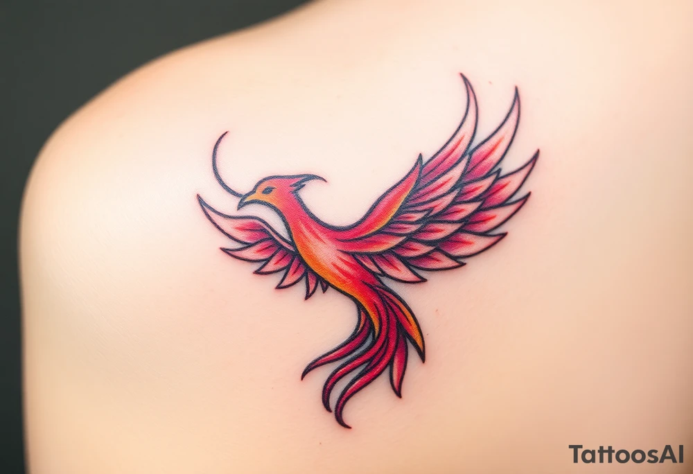 Phoenix rising from the ashes with the colors red, pink, orange and purple. Size 3 cm wide and 5 cm high tattoo idea
