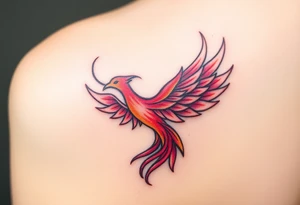 Phoenix rising from the ashes with the colors red, pink, orange and purple. Size 3 cm wide and 5 cm high tattoo idea