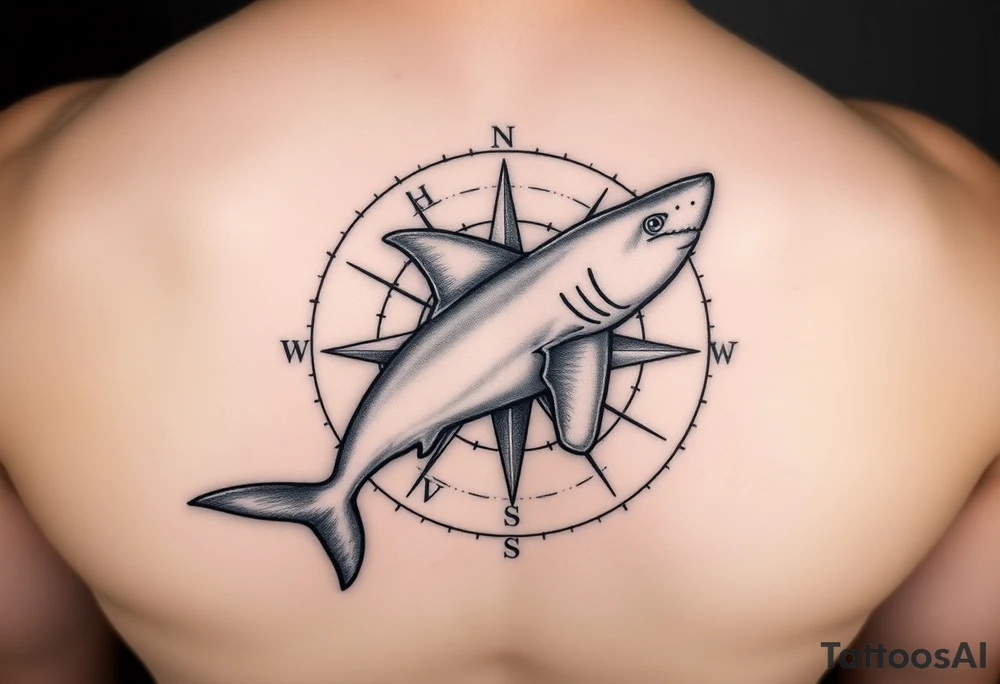 "A top-down view of a shark seamlessly integrated with a compass rose. The shark is seen clearly from above, swimming across or around the compass, with its fins and tail visible in perfect symmetry. The compass features detailed directional lines and ornate engravings, blending naturally with the shark's form. Done in black and grey ink, the style is realistic with subtle dotwork and shading for depth. The design is minimal yet powerful, symbolizing direction, strength, and instinct. Perfect for a shoulder, chest, or forearm tattoo." tattoo idea
