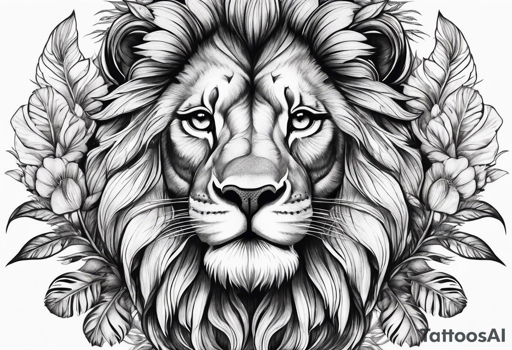 elegant lion with feathers floral tattoo idea