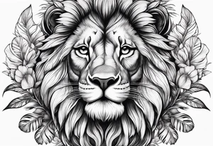 elegant lion with feathers floral tattoo idea