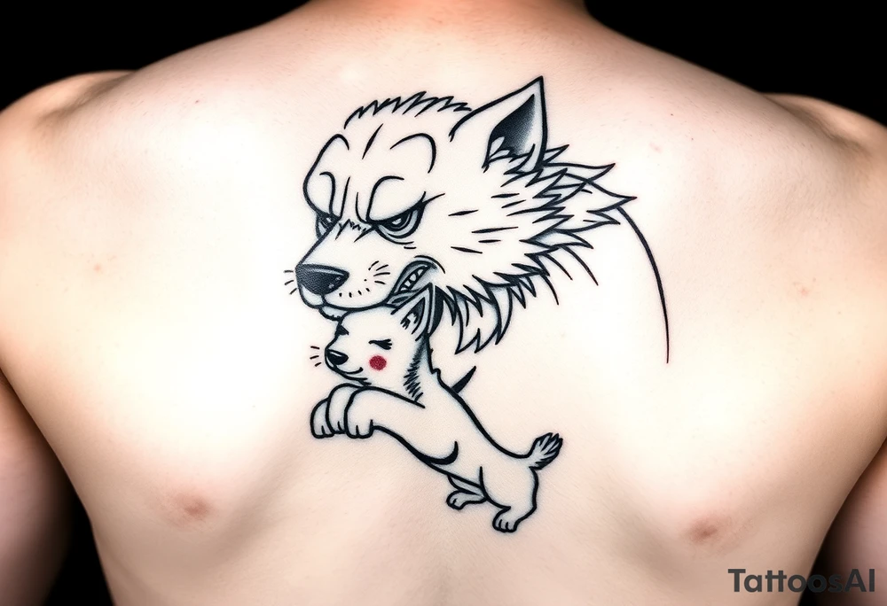 Japanese Fô dog with baby Fô dog under her paw with wind elements around tattoo idea