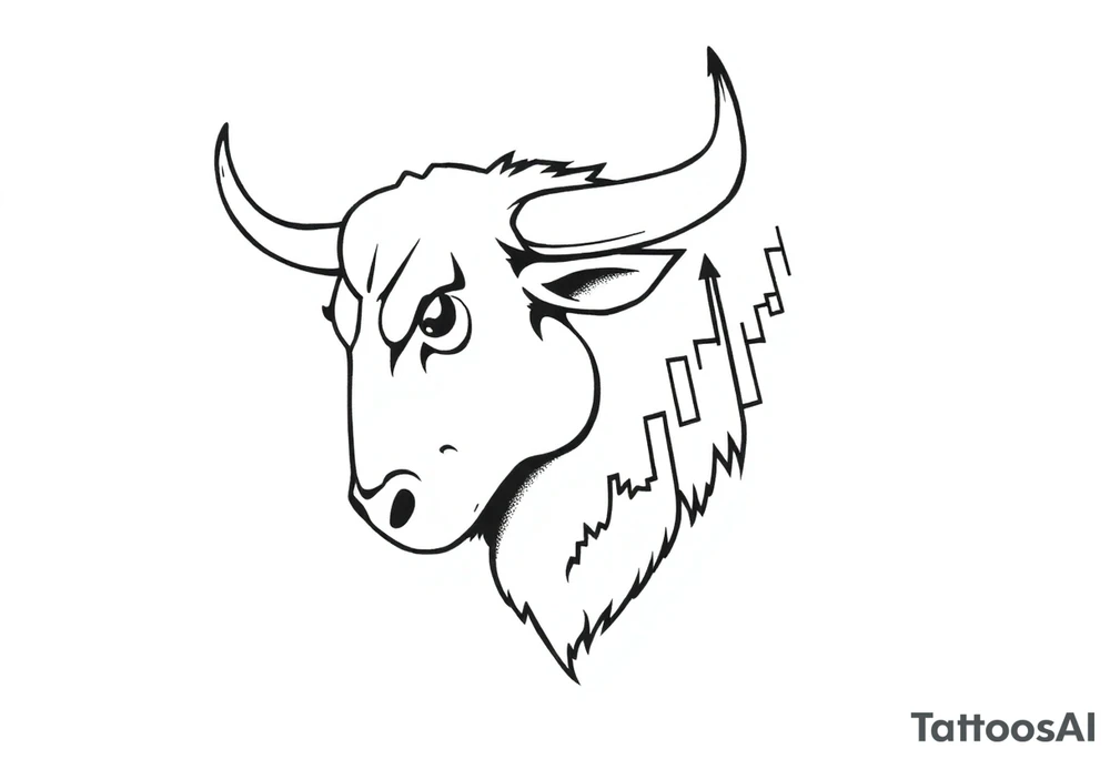 Create a minimalist black line tattoo of a bull’s head that transitions into an upward-trending candlestick stock chart. The design should have clean, fluid lines and combine the bull’s face and horns on the left, with the candlestick chart rising to the right, forming the shape of the bull’s jaw/neck. Keep the style simple and elegant, suitable for a forearm or upper arm tattoo.” tattoo idea