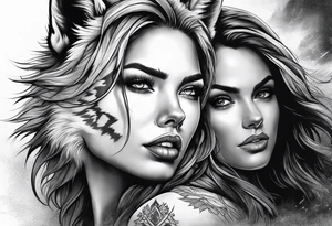 Raging storm, beautiful womans face wearing a wolf tattoo idea