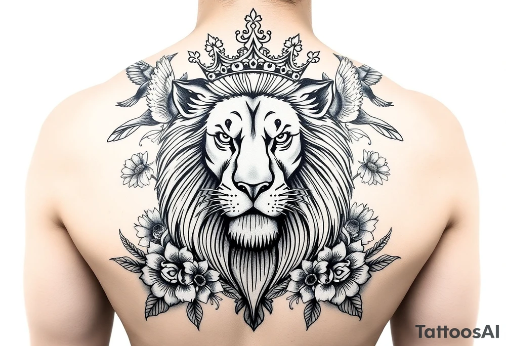 powerful majestic lion with a crown, surrounded by floral ornaments and birds tattoo idea