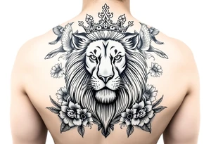 powerful majestic lion with a crown, surrounded by floral ornaments and birds tattoo idea