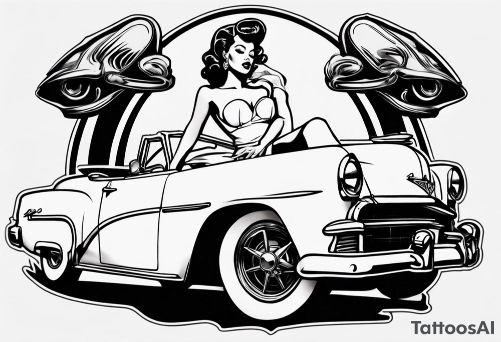pinup doll laying on the hood of a classic vintage car tattoo idea