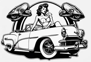 pinup doll laying on the hood of a classic vintage car tattoo idea
