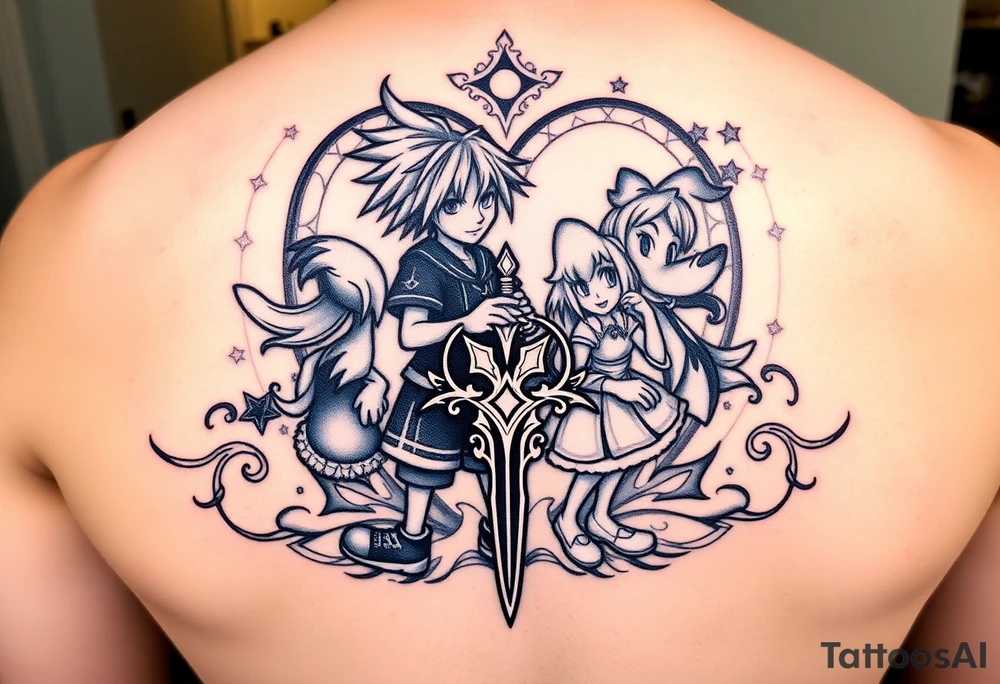 custom Kingdom Hearts tattoo design featuring Sora, Kairi, Riku, Donald, and Goofy together in a dynamic, united pose. The centerpiece should include the Heartless Keyblade, with a beautiful and ethereal Kingdom Hearts-inspired background—think glowing stars, floating islands, and stained-glass elements. The design should capture themes of friendship, light vs. darkness, and adventure. Style should be detailed, fantasy-oriented, and suitable for a large piece (like an upper arm sleeve or back piece).” tattoo idea