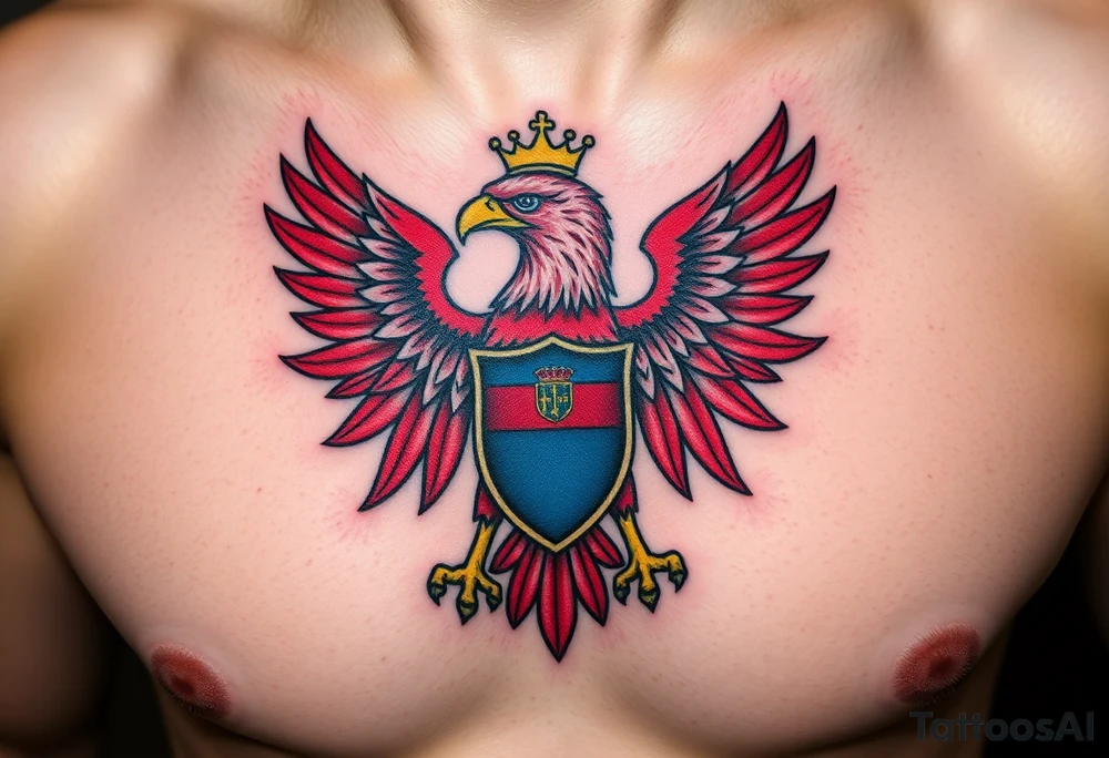 A majestic red and white Moravian eagle with golden crown on its head with a blue shield tattoo idea