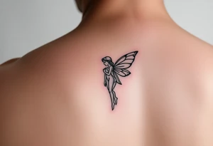 simple logo-style androgynous fairy/angel tattoo for girl's shoulder, lines only black ink. the tattoo is small showing the whole body/figure of the angel tattoo idea
