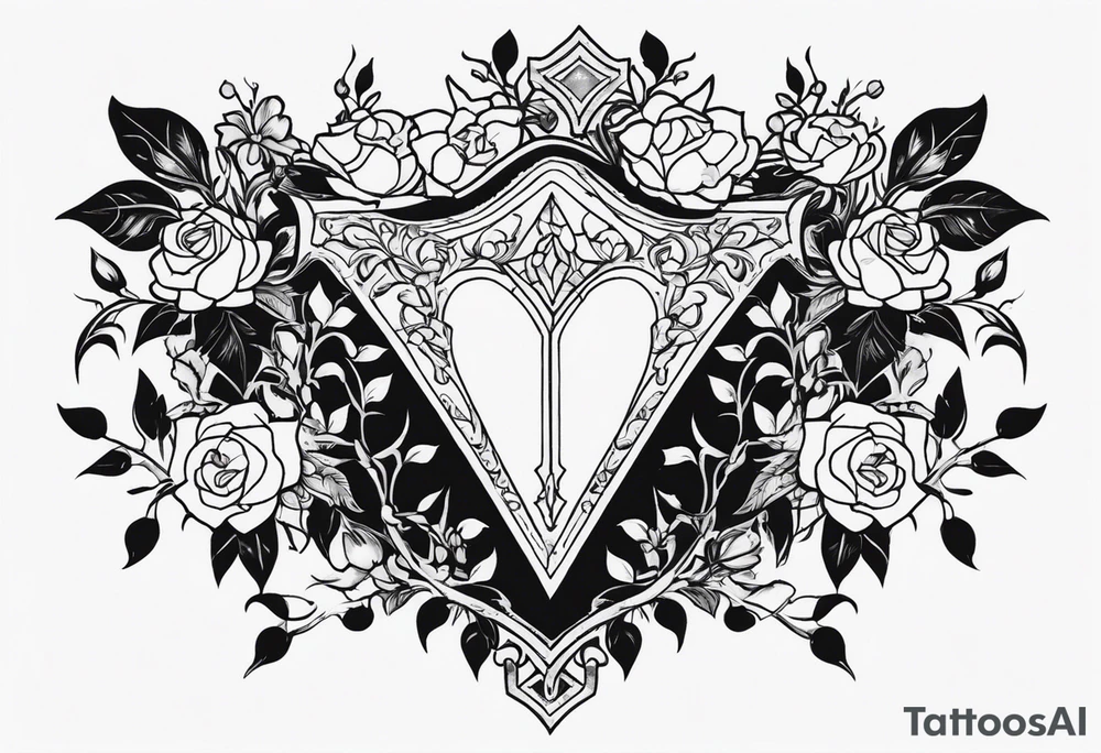 An Iron Shield endowed with diamond shaped gems along the trim, 3 different kinds of flowers create the crest, black vines with bright white thorns wrap and constrict the shield as a tattoo design tattoo idea