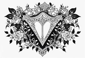 An Iron Shield endowed with diamond shaped gems along the trim, 3 different kinds of flowers create the crest, black vines with bright white thorns wrap and constrict the shield as a tattoo design tattoo idea