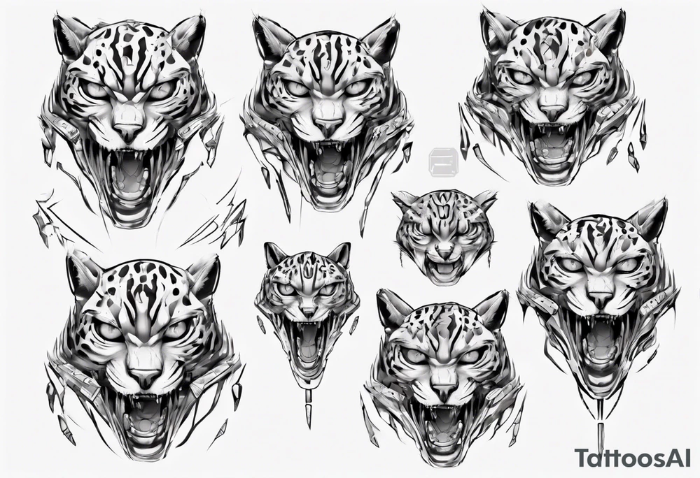 cybernetic ocelot full body teeth showing tattoo idea
