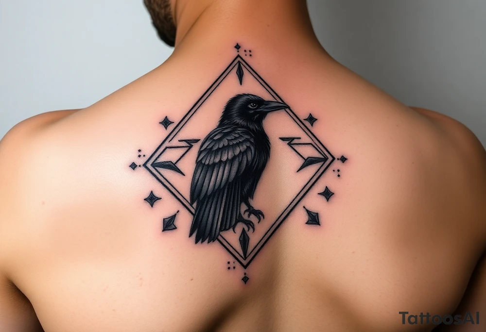 Diamond Geometric design with dotted lines and other designs with big crow extended in the center with dark shading for forearm tattoo idea