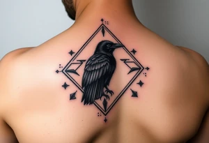 Diamond Geometric design with dotted lines and other designs with big crow extended in the center with dark shading for forearm tattoo idea