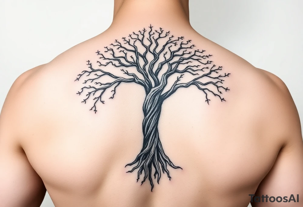 mystical tree of life with cosmic roots and celestial branches tattoo idea