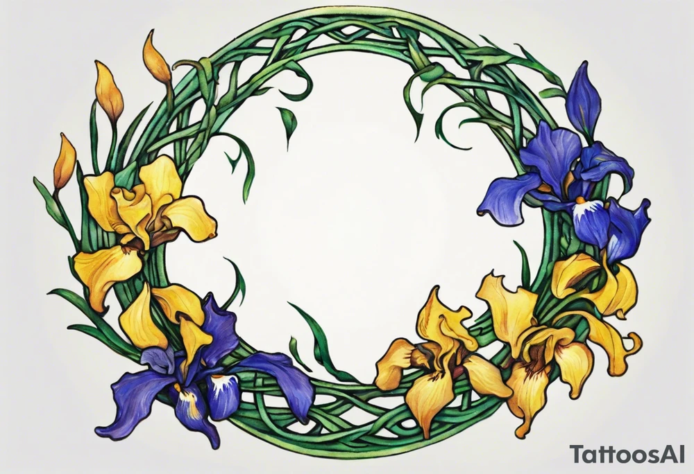 Create a small, colorful Vincent van Gogh Irises tattoo in the form of a crescent, with vines in Celtic knot style gracefully intertwining at a central point in the middle of the wreath. The intended placement is on the upper chest. The middle needs mountains. The overall design should be small in size while maintaining a delicate and artistic aesthetic. Pay attention to the graceful flow of the vines and the placement of the irises to achieve a refined and elegant look. tattoo idea