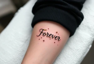 "Forever" etched in gold metallic ink across the spine, surrounded by tiny celestial stars. tattoo idea