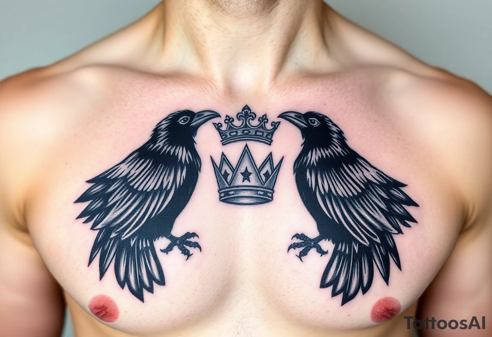 Chest tattoo, two ravens and icelandic symbols, dark brest tattoo, crown betwen ravens tattoo idea