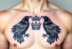 Chest tattoo, two ravens and icelandic symbols, dark brest tattoo, crown betwen ravens tattoo idea